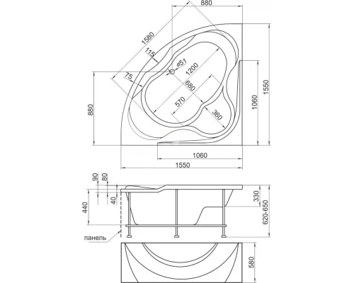 Ванна 1MarKa LUXE, угловая, 155 х 155 см (01лю1515)