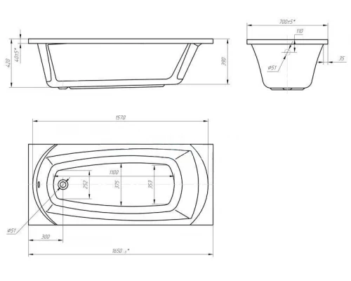 Ванна 1MarKa ELEGANCE, прямоугольная, 165 х 70 см (01эл16570)