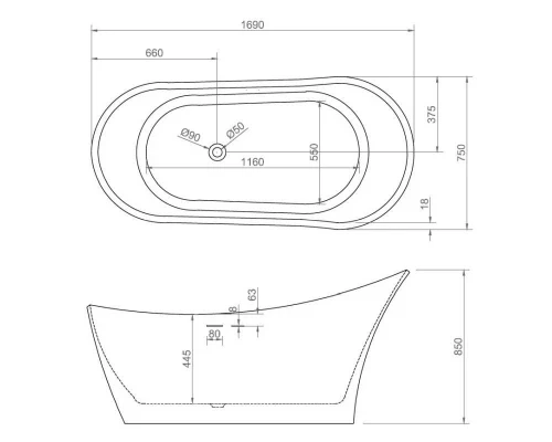 Ванна акриловая Abber AB9245, цвет - белый, 169 x 75 x 85 см