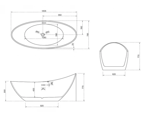 Ванна акриловая Abber AB9233G 184 х 79 x 77 см без гидромассажа, отдельностоящая, серая