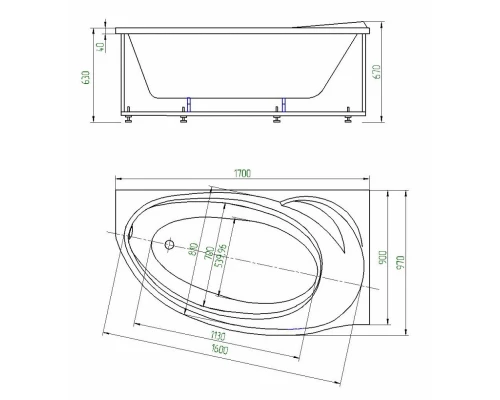 Ванна гидромассажная акриловая Aquatek Бетта 170 x 97 см, с гидромассажем standard (пневмоуправление), с фронтальным экраном+спинной массаж 6 форсунок