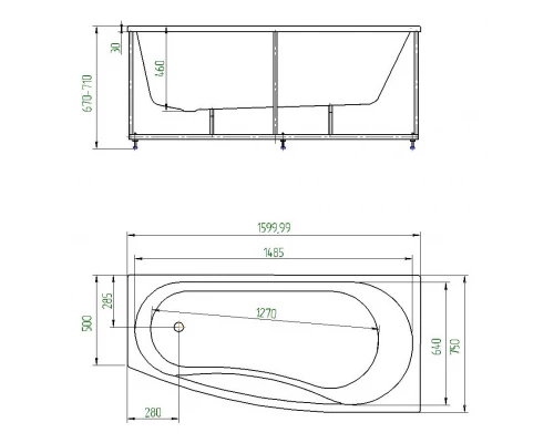 Ванна акриловая Aquatek Пандора 160 x 75 см без фронтального экрана, белая, правая, PAN160-0000054