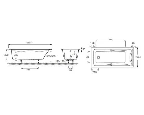 Ванна акриловая Jacob Delafon Odeon Up E6057RU-00, 160 х 75 см