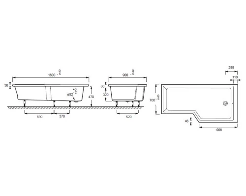 Ванна акриловая Jacob Delafon Bain Douche NEO E6D004-00 180 х 90 х 70, левая