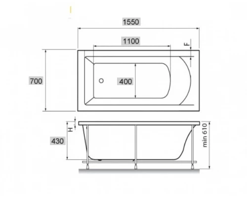 Ванна акриловая Vayer Milana 155 х 70 см, прямоугольная, белая