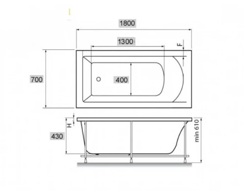 Ванна акриловая Vayer Milana 180 х 70 см, прямоугольная, белая