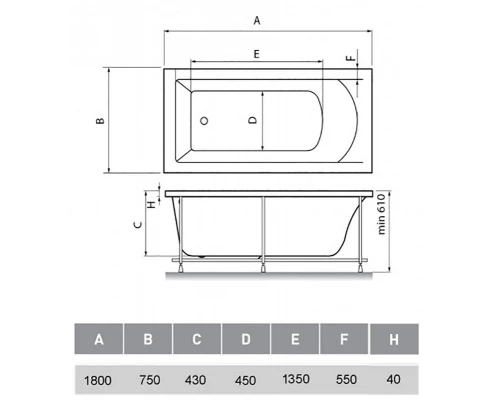 Ванна акриловая Vayer Milana 180 х 75 см, прямоугольная, белая