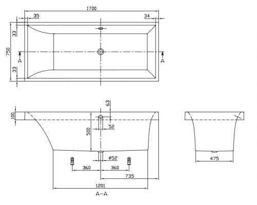 Ванна Villeroy&Boch Squaro UBQ170SQR2V-01, 170 x 75 см, alpin