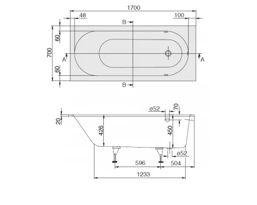 Квариловая ванна Villeroy&Boch Oberon 170x70 UBQ177OBE2V-01, alpin без отверстия и перелива