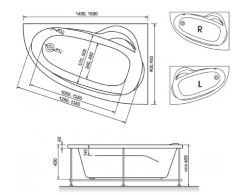 Ванна акриловая Relisan Zoya L/R 140 х 90 см (Гл000001247/Гл000001248)