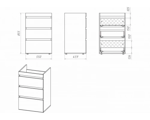 Тумба под раковину Misty Фостер - 55 с 3 ящ. напольная под стиральную машину Э-Фос01055-01Н3Я