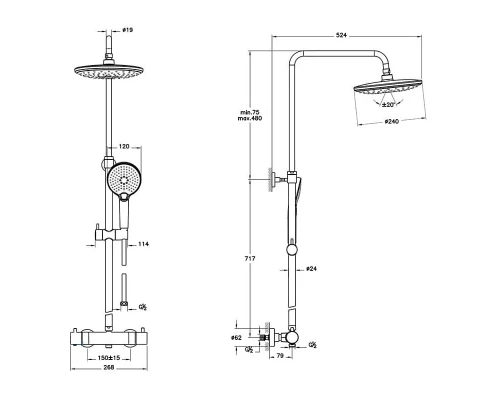 Душевая система Vitra Aquaheat Bliss 240 2F термостатическая, черный матовый, A4720536EXP