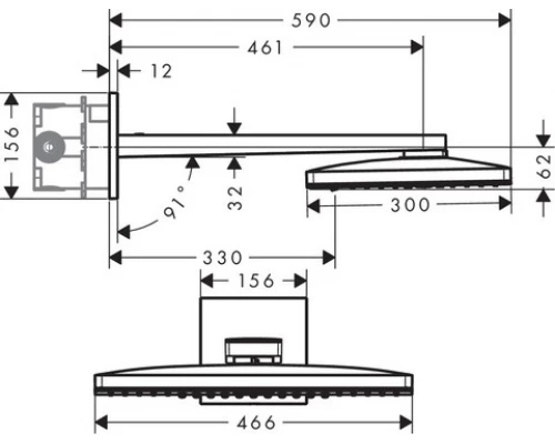 Верхний душ Hansgrohe Rainmaker Select, 460 x 300 мм, 3 режима струи, с держателем 24007600, черный/хром