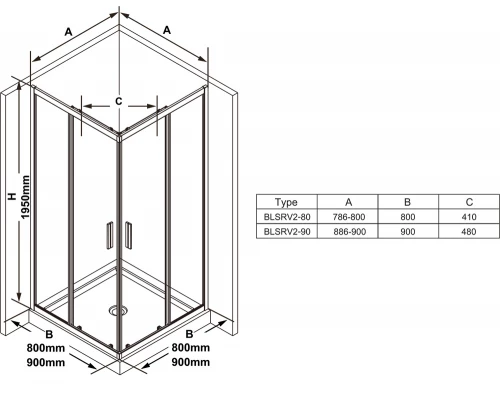 Душевой уголок Ravak Blix Slim BLSRV2-80, 80 х 80 см, профиль блестящий ,витраж транспарент, X1LM40C00Z1