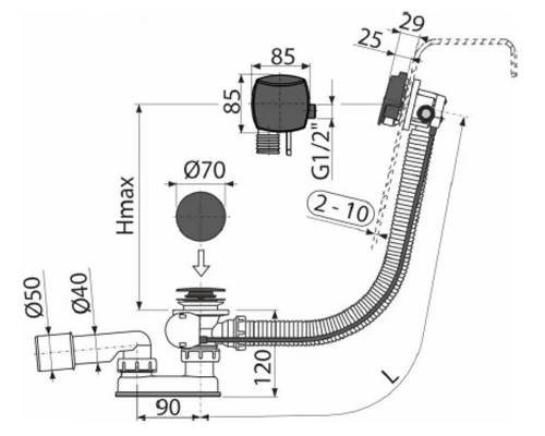 Слив-перелив AlcaPlast A564BLACK с наливом через перелив, цвет - черный матовый