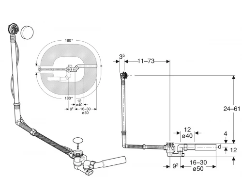 150.525.21.6 Слив-перелив Geberit, d52, длина 73 см, с декоративным комплектом: Глянцевый хром