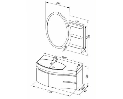 Тумба под раковину Aquanet Опера 2-115 R (2 дверцы, 2 ящика) 00169654, правая, цвет белый