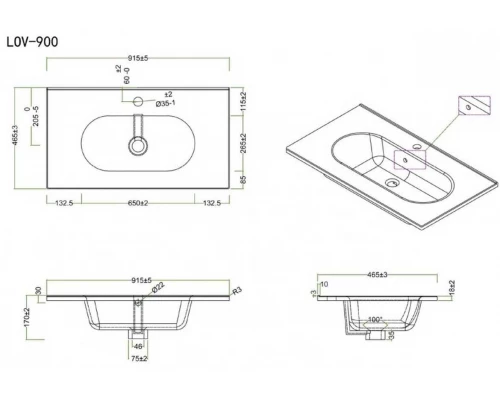 Раковина керамическая BelBagno LOV-900-LVB, 91.5 x 46.5 x 17.5 см, белая