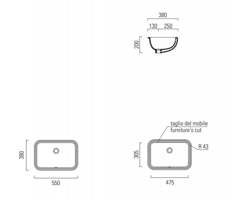 Раковина GSI Pura, встраиваемая снизу, 55 x 38 см, белый глянцевый, 724311