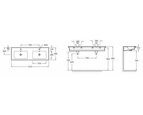Раковина двойная подвесная Jacob Delafon Vox, 140 х 46 см, с гладкой нижней поверхностью, для мебели, EXAA112-Z-00