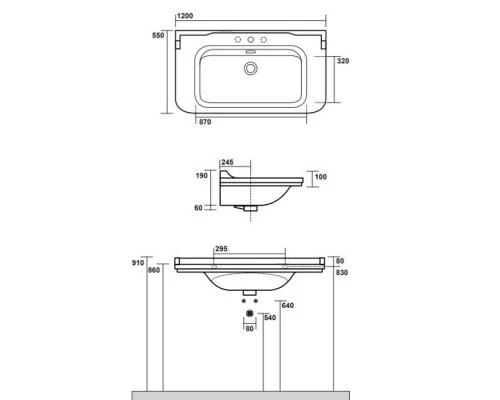 Раковина керамическая Kerasan Waldorf 120 х 55 см, 3 отверстия под смеситель, белая, заглушка хром, 4144K1bi/cr*3