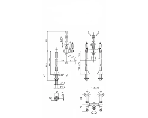 Смеситель Cezares FIRST-VDP-03/24-M для ванны и душа, напольный, золото 24 карат, ручки металл