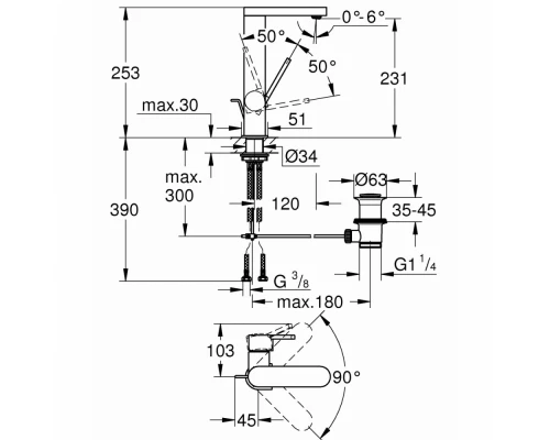 Смеситель однорычажный Grohe Plus 23851003 для раковины, со сливным гарнитуром