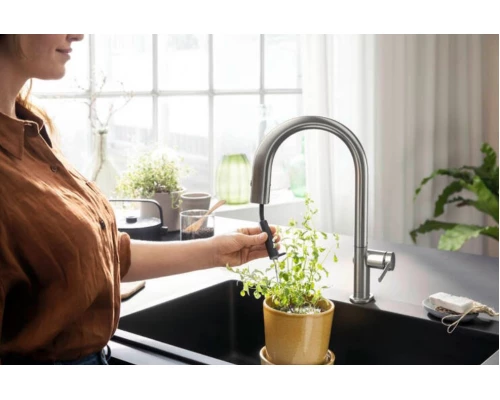 Смеситель Hansgrohe Aqittura M91 для кухонной мойки, с вытяжным изливом, с подключением к фильтру, сталь, 76803800