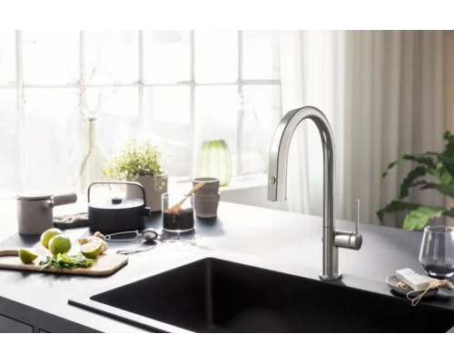 Смеситель Hansgrohe Aqittura M91 для кухонной мойки, с вытяжным изливом, с подключением к фильтру, сталь, 76803800