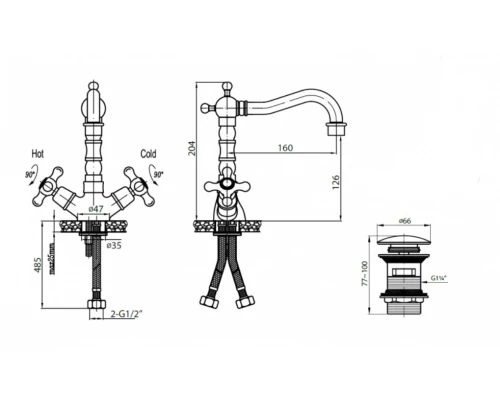 Смеситель Cezares LORD-LS2-03/24 для раковины, золото
