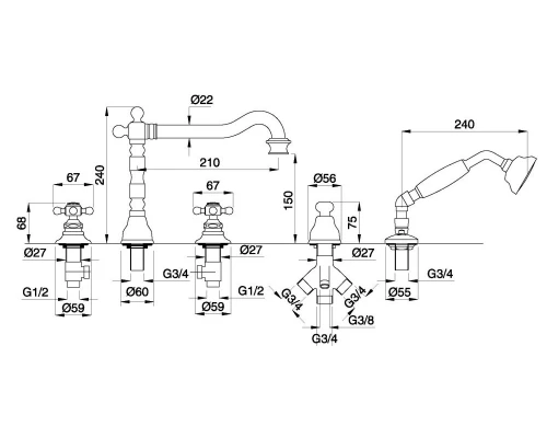 Смеситель Migliore Arcadia 18379 для ванны/душа на 5 отв. - бронза