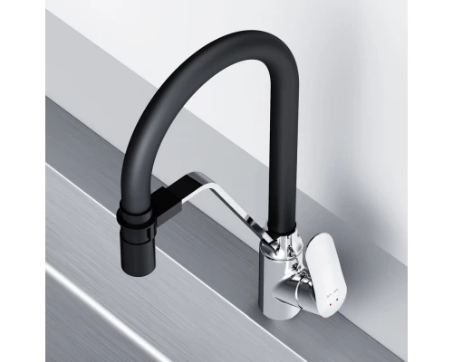 Смеситель для кухни Am.Pm Like с каналом для питьевой воды, гибкий излив, черный/хром, F8007802