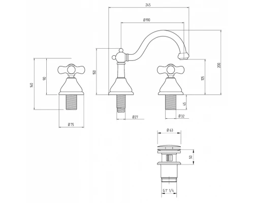 Смеситель Migliore Provance 19482 для раковины на 3 отверстия, золото