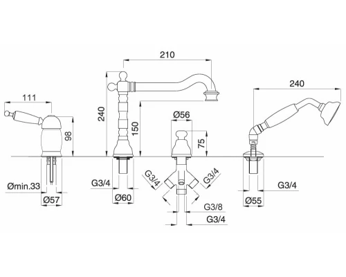 Смеситель Migliore Oxford 19086 для ванны/душа - бронза