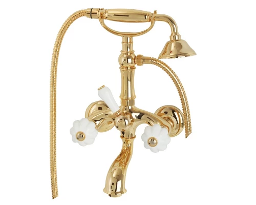 Cмеситель Migliore Olivia для ванны и душа с гарнитуром, золото, ручки белая керамика, 19020