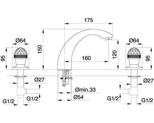 Смеситель Migliore Axo Swarovski для раковины - золото, на 3 отверстия, 27114