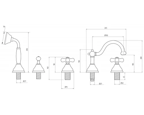Смеситель Migliore Provance 19480 для ванны на 5 отверстий, золото
