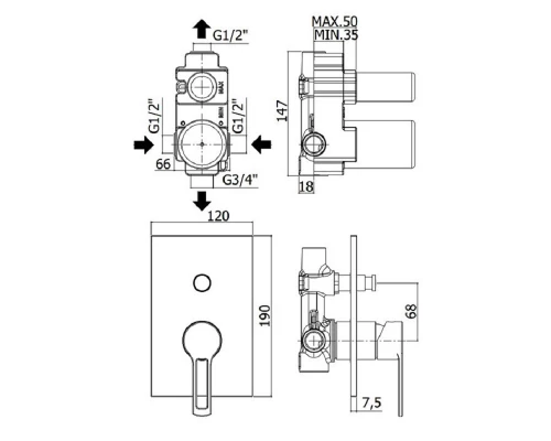 Смеситель Paffoni Ringo RIN015CR/M встраиваемый для душа на 2 выхода, с внутренней частью, цвет хром/металл