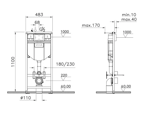Инсталляция с унитазом Vitra Normus L-box, с быстросъёмным сиденьем с микролифтом, клавиша хром глянцевый, 9773B003-7206