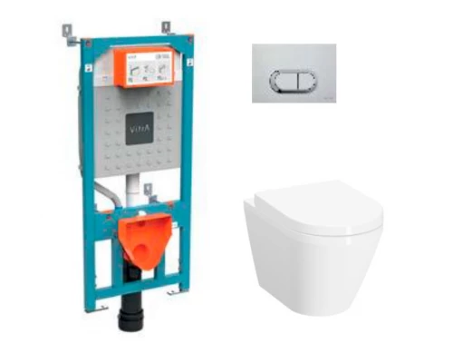 Инсталляция с унитазом Vitra Integra Round L-box, с толстым быстросъёмным сиденьем с микролифтом, клавиша хром матовый, 9004B003-7202