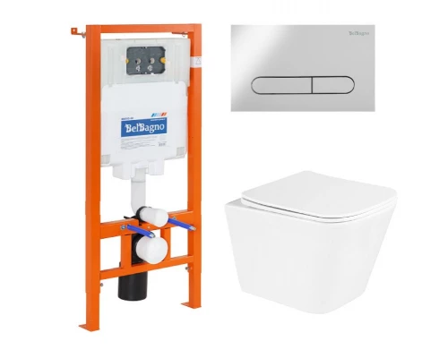 Инсталляция BelBagno с унитазом BelBagno Due BB3103CHR/SC, сиденье с микролифтом, клавиша хром, комплект