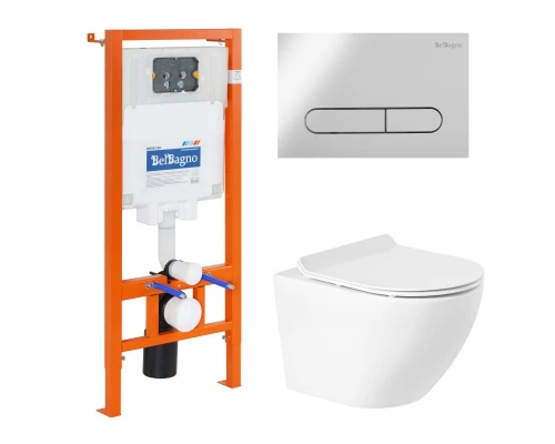 Инсталляция BelBagno с безободковым унитазом BelBagno Sfera-R BB046CHR, сиденье микролифт, клавиша хром, комплект