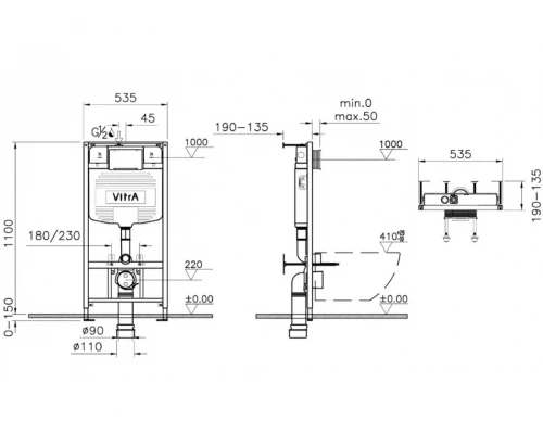 Инсталляция с унитазом Vitra S40 L-box, с толстым быстросъёмным сиденьем с микролифтом, клавиша хром глянцевый, 9005B003-7211