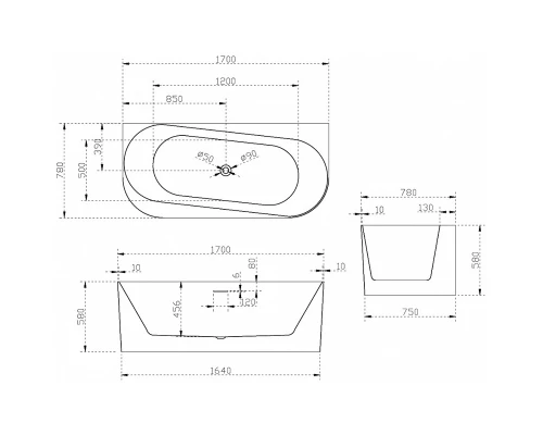 Ванна акриловая Abber 170 х 78 x 58 см, белая, AB9494-1.7