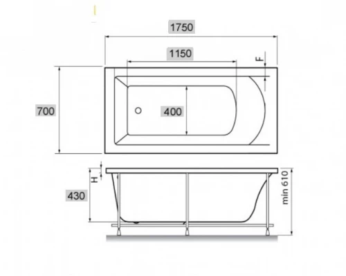 Ванна акриловая Vayer Milana 175 х 70 см, прямоугольная, белая