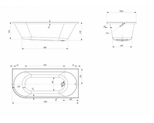 Ванна 1MarKa Alisa MG, 170 х 75 см, асимметричная, правая, 01али1775п