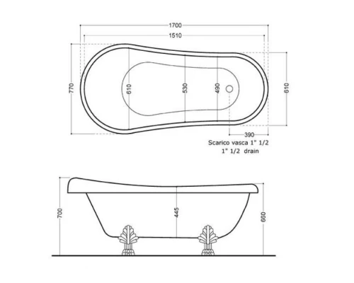 Ванна Kerasan Retro 170 х 77 см, искусственный камень, сифон, слив-перелив и ножки бронза в комплекте, цвет белый, 105593