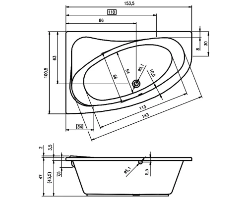 Ванна акриловая Riho Lyra 153 x 100 см, цвет белый, левая/правая