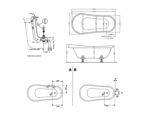 Ванна Kerasan Retro 170 х 77 см, искусственный камень, сифон, слив-перелив и ножки хром в комплекте, цвет белый, 105590