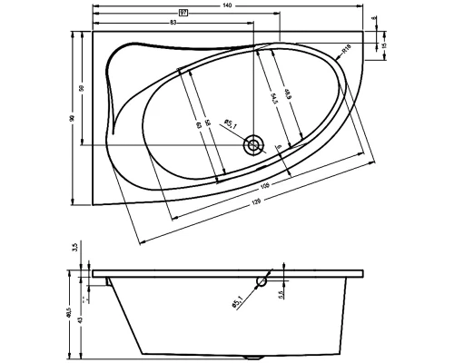 Ванна акриловая Riho Lyra 140 x 90 см, цвет белый, правая/левая